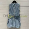 Summer Denim Vest Dress Fashion Designer Pleated Skirts Women Breathable Blue Denim Skirts Sleeveless A Line Dresses