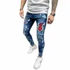 Jeans strappati da uomo Fi Wed Patch Elastico Cott Gambe piccole Ciclismo Sport Lg Jeans Colore Ctrast Vernice Pantaloni elastici u9ii #