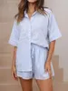 Startseite Kleidung Damen 2-teilig Loungewear Kurzarm Reverskragen Button-Down-Hemd Top elastische Taille Shorts Nachtwäsche Outfits