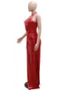 Beyprern美しい赤いシマーベートRhinestes Maxi Dr Glam Sleevel High Slit Sequins Metallic Party Dr Clubwear A02c＃
