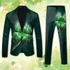 Mens St. Pat's Day Printed Pocket Lapel Butt Suit Sheatched Slim Fit Suites Men J1ew#