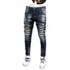 Fi Streetwear Men Jeansレトロダークブルーの弾性スリムフィットリッピングバイカージーンズジーンズ塗装デザイナーヒップホップデニムパンツメンr2vl＃
