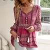 Women's Blouses Printed Shirt Autumn/Winter Casual Fashion Bohemian Long Sleeved Top Pullover Loose V-neck Style Cake Skirt