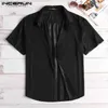 Heren T-shirts Mode Gestreept Sexy Shirt Mannen Transparante Korte Mouw Knop Tops See Through Party Nachtclub Heren Shirts 2023 S-5XL24328