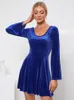 Robes décontractées Tempérament élégant velours pour femmes hiver solide à manches longues bleu mini robe femme fête discothèque robe robe