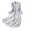 Casual Dresses Limiguyue French Ink Striped Midi Summer Silk Single Breasted Pocket Chiffon Dress Ruffled midja A-Line Vestidos Z013