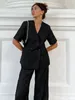 Женские брюки из двух частей Jyate 2024, летний черный костюм с v-образным вырезом и коротким рукавом, комплект с высокой талией и широкими штанинами, модная повседневная одежда, наряд