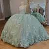 Robe de bal princesse vert clair, robe Quinceanera, fleurs 3D, appliques en dentelle, tulle, robe de fête d'anniversaire, douce 16 ans