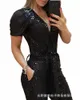 2023 Spring/Winter New Women's Black Short Sleeve Deep V paljetter Jumpsuit Tight Montering Short Sleeve LG Jumpsuits Y2K K4P1#