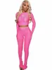 Beyprern Survêtement côtelé pour femmes Haut court tricoté et costume de legging Ensemble 2 pièces Casual O Cou tricoté Ensemble assorti Sexy Clubwear D8ko #