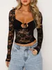 Women's T Shirts Women Sheer Lace Crop Top Long Sleeve Cut Out Tie-Up T-Shirt V Neck Slim Fitted Shirt Blouse