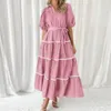 Casual Dresses Tie Waist Dress Elegant Women's Summer Maxi With Lapel Puffy Sleeves Tiered Ruffle Flowy Design Single Breasted For A