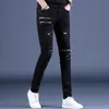 fi estilo coreano preto jeans magros joelho zíper de luxo streetwear masculino jeans magros com buracos casual wear motocicleta jeans 23sY #
