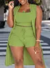 plus Size Casual Outfits Three Piece Set, Women's Plus Solid Ribbed Round Neck Tank Top & Drawstring Shorts & Split Hem Cardigan v0qW#