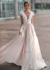 Lindo boêmio vestidos de casamento com decote em v mangas rendas apliques cetim sem costas vestidos de casamento plus size praia vestidos de noiva