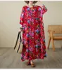 Casual Dresses Spring Autumn Red Flower Print Long Dress Women Modis Pleated Ladies Overdimase Loose Sleeve Woman