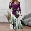 Casual Dresses Elegant Dress For Women Spring Summer Long Sleeve Leaf Print V-neck Slim Fashion Commute Female Beach A-line