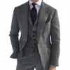 Herringbe Suit Men 3 pezzi formale Busin Tweed Tuxedo per uomo su misura Retro Wedding Men's Suit Jacket Vest Pants Set D0pn #
