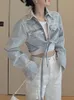 BPN Sıradan Patchwork Dantel Yukarı Denim Katlar Kadınlar için Lapel LG Kollu Katı Patchwork Cepleri Kısa Ceketler Kadın Giyim Stili K8X5#