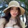 Wide Brim Hats Korean Version Of Large Summer Woven Straw Hat Women's Seaside Vacation Sunshade Small Flower Sweet Foldable Sun Cap