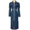 Casual Dresses Jeans Trench Coat Fashion Women Dress 2024 Spring Lapel Loose Elastic Midje Long Denim