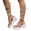 Sandals Ladies Plus Simple Solid Colour Lace Up Wrap Around Straps Thick Bottom Slope Heel Shoes For Women Summer 2024