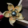 브로치 Meibapj 10-11mm Big Natural Black Pearl Flower Corsage Brooch 패션 스웨터 보석 여성을위한 빈 트레이