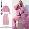 Корейский модный розовый джинсовый комплект для мужчин, весна-осень, однотонное джинсовое пальто, джинсы унисекс Y2K, одежда Harajuku, комплекты из двух предметов 240318