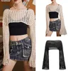 Mulheres Grunge-Crochet Knit See Through Crop Tops Cover Up Shrug Lg Sleeve Neck Casual Cropped Smock Top Blusa s4kJ #