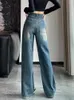 Jeans da donna Aoaiiys blu strappati per le donne Pantaloni in denim Y2k a righe moda a vita alta streetwear a figura intera Mop gamba larga