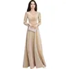 Party Dresses Women Evening Dress Elegant Temperament Champagne Long Sleeve Floor-Length V-Neck Quinceanera Prom Gown