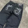 Y2K Jeans américains New Harajuku hip-hop imprimé brodé jeans lâches pantalons en denim mâle gothique taille haute pantalon large E78s #