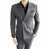 Män dubbelbröst kostymer FI Slim Formal Wedding Tuxedo Busin Casual Elegant Grid Suit Male Suit 2 Piece Blazer+Pants 74iv#