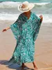 Boho vert impression robe de plage décontracté col en V manches chauve-souris côté fendu caftan 2024 femmes vêtements d'été robes maxi Q1297 240323