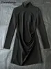 Robes décontractées de haute qualité automne femmes mode piste designer à manches longues noir couleur unie imprimé drapé dames mini robe