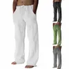 men's Summer Casual Pants Daily Wear Solid Full Length Soft Linen Pants Mid Waist Pocket Drawstring Trousers Streetwear Bottom G2LL#