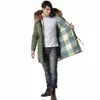 popular Army Green Shell With Blue And White Grid Fur Parka Warm Men Jacket And Coat Overcoat Lg Style k7uh#