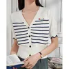 toyouth Women Knit Cardigan 2023 Summer Short Sleeve V Neck Slim Stretch T-shirt Blue and White Stripes Casual Chic Tops O5U0#