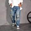 Jeans pour hommes High Street Hip Hop déchiré en détresse bleu rétro Denim pantalon coupe ample pantalon décontracté Harem Design mode hommes