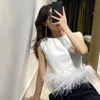 NHKDSASA Fashion Shirt Top Women Black Patchwork Feathers Korean Round Neck Sleeveless Slim Tops Female Summer Clothing 240314