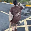 Vintage Brown Jackets Patchwork PU Leather Embroidery Jacket Fashion Oversized Baseball Coats Autumn Women Clothes Y2K Coat 240320