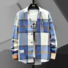 Spring and Autumn Mens Lapel Loose Plaid Button Printed Pocket Casual Fashion Elegant Commuting Long sleeved Shirt 240315