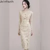 Casual Dresses Temperament Robe Femme Korean Lace bodycon för kvinnor o-hals långärmad tunika blommig maxi vestidos de mujer 2024