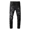 Jeans pour hommes Trendamiri Jeans noirs de haute rue européens et américains pour hommes portant des leggings à patch déchiré élastique pantalons décontractés pour hommes J240328