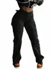 LW Plus Taille Automne Femmes Noir Vintage Street Couleur Solide Coton Micro Élastique Taille Moyenne Poche Latérale Design Pantalon Cargo c9FN #
