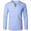 Mannen Cott Linnen Lg Mouw T-shirt V-hals Slim Fit Blouse Mannen Hawaiian Beach Shirt Pure Kleur Casual T-shirt X9Ls #