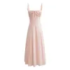 Casual Dresses 2024 Women Corset Style Bow Ruched Low Chest Hem Slit Swing Midi Long Robe Sexy Pink Cross Lacing Up Bandage Back Sling Dress