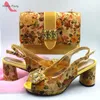 Dress Shoes 2024 Mature Style High Quality Comfortable Heels Italian Women And Bag Set With Shinning Crystal In Yellow Color