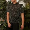 Party Fashion Mens Mesh T Shirt Spring Long Sleeve Crew Neck Pullover Vintage Shinny Embroidery Mesh Topps Sexy Mens Slim T-Shirt 240321