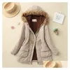 Womens Trench Coats 2023 Autumn Winter Women Cotton Jacket Padded Casual Slim Coat Emboridery Hooded Parkas Wadded Warm Overcoat Drop Ot9Yc